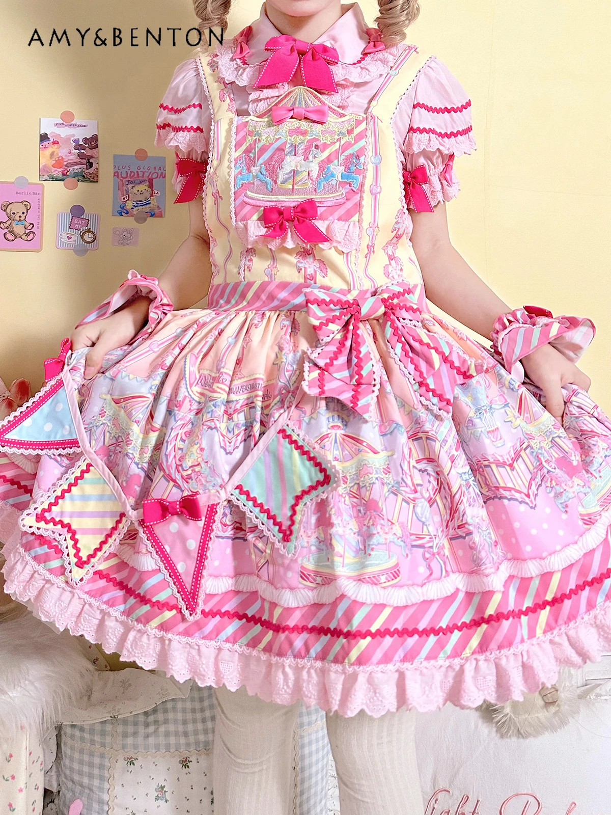 

Яркие платья для аттракционов JSK Sweet Lolita, милое лоскутное платье с милым бантом и мультяшным принтом, Летнее мини-платье