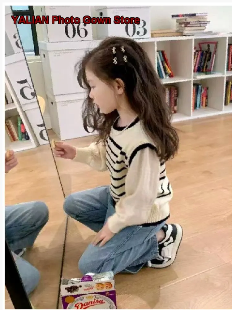 Girls Spring Autumn Fashion Thin Older Kids Loose Two-Piece Look Baby Long Sleeves Striped Stylish