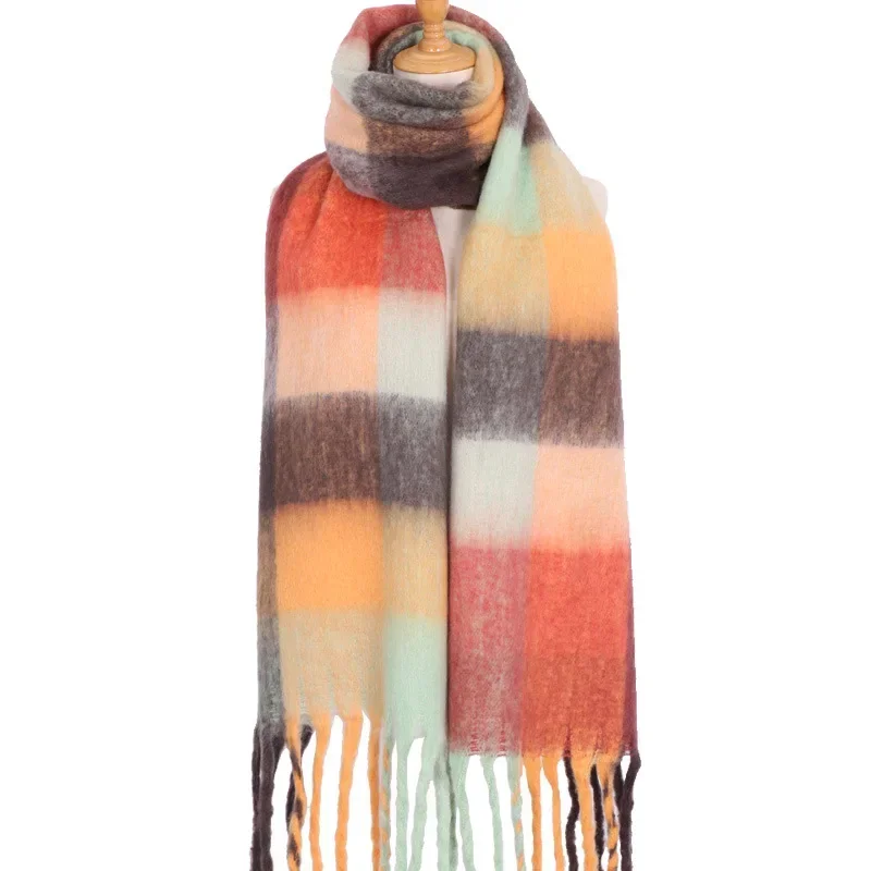 New Winter AC British Plaid Scarf Women Luxury Brand Imitation Cashmere Thickened Warm Tassel Rainbow Shawl Foulard