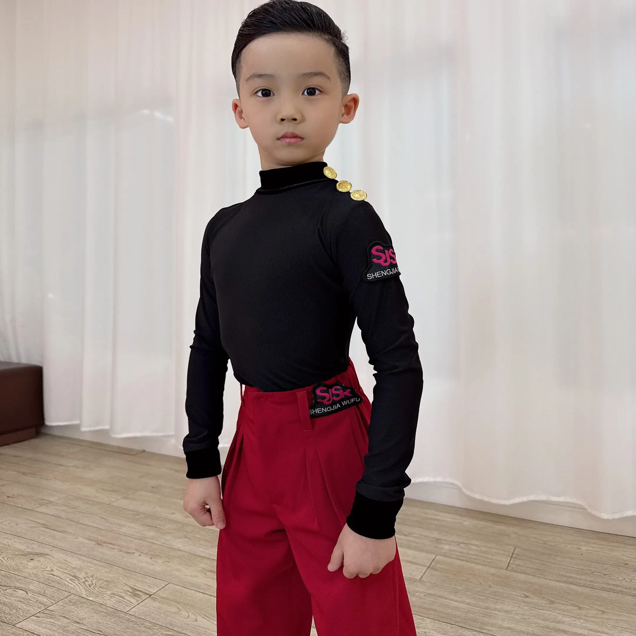 

Одежда для латинских танцев для мальчиков 2024, топы с высоким воротником и длинными рукавами, брюки для латинских танцев, одежда для соревнований по бальным танцам ча-ча, DNV25783