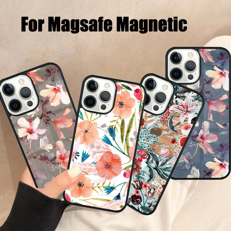 Tropical Flowers Magsafe Phone Case For iPhone 16 15 14 13 12 11 Pro Max Plus Mirror Wireless Magnetic Cover