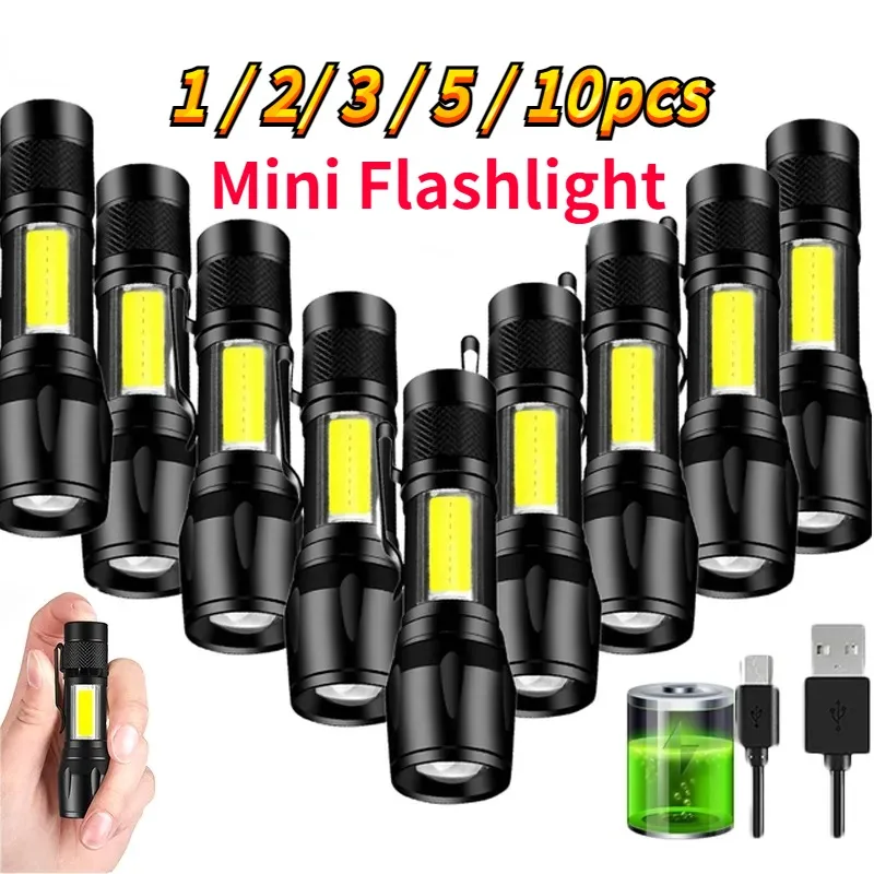 1-10PCS LED Strong Light Telescopic Zoom Flashlight COB Portable Side Light USB Rechargeable Outdoor Household Mini Flashlight