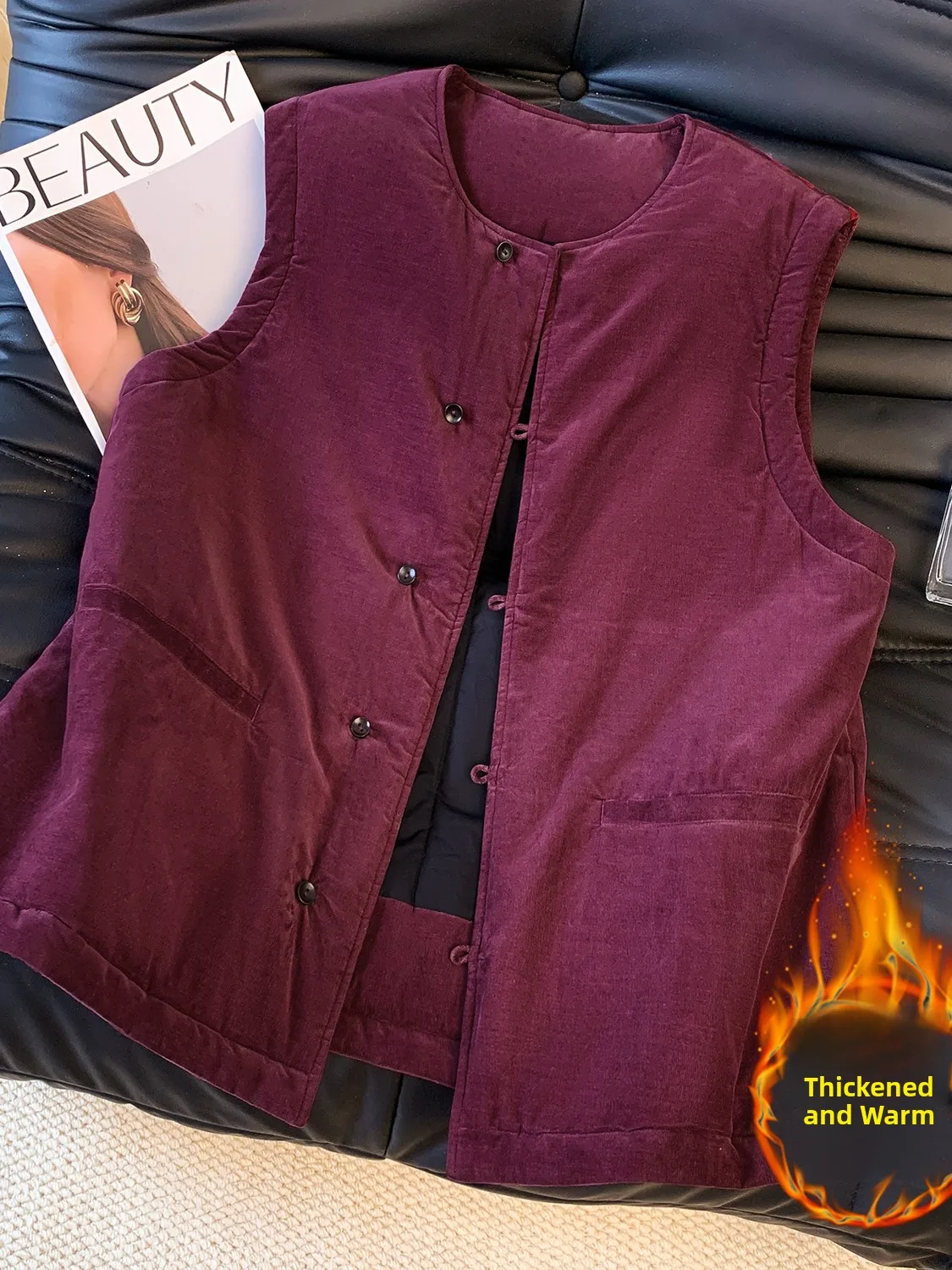 

Thiened Cotton Vest Women's Winter Sle Warmth Filling Corduroy Jaet Chinese Medicine Plum Purple Sle Faionable Top