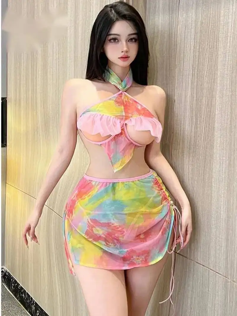 Farbe Süßes Tank-Minikleid Sexy Frauen Neues rückenfreies Cheongsam-Uniform Versuchung Sheer Print Kleid Elegant 2025, neue Tops DE58