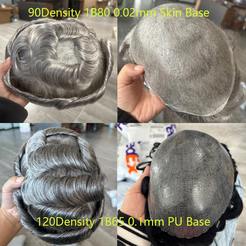 Microskin Men's Wig Natural Hairline #1B80 Gray Wave Human Hair Men Toupee Full Skin 0.02mm Super Invisible Ultra Thin Male Hair image 6