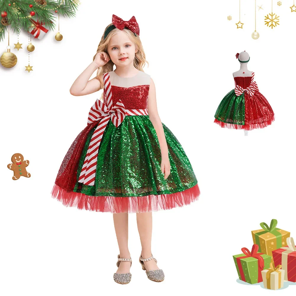 2024 New Girls Dresses Cosplay Costumes Striped Bow Christmas Dresses for Girls Elegant Fluffy Tulle Carnival Pageant