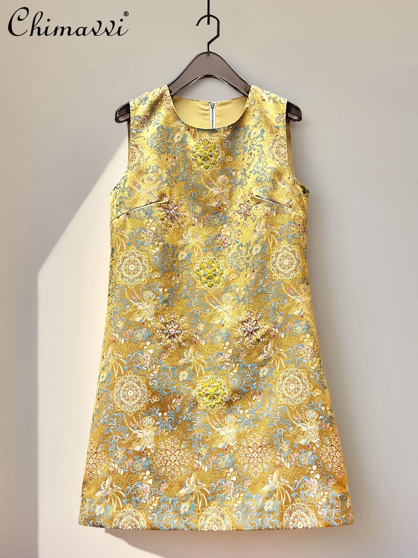 

Summer New Women's Fashion Jacquard Hot Stamping Embroidery Short Dress Heavily Beaded Luxury Chinese Style Elegant Vest Dress