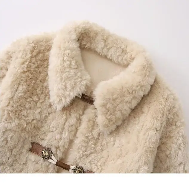 

ZBZR Autumn New Women's Faion Casual Lapel Buttoned Lamb Fur ort Coat All-Match Straight Tube Long Sve Polyester Fiber