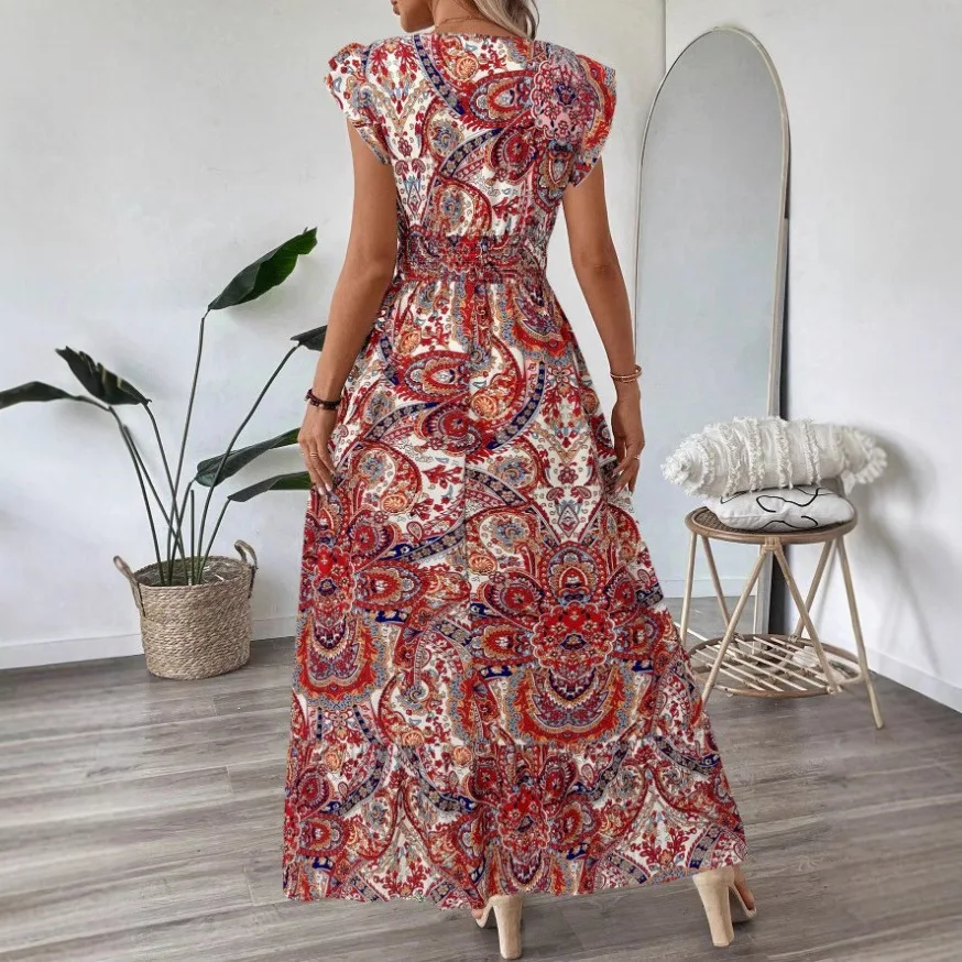 Women's Floral Print Summer Dress 2025 New Boho A-Line Swing Dress With Sleeveless High Waist Flowy Maxi Dress For Beach Vestido