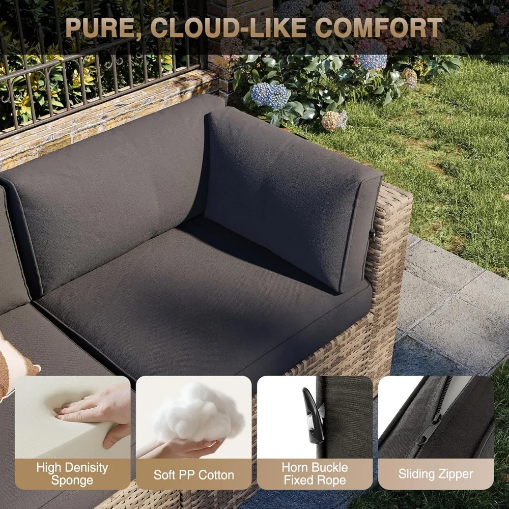 طقم أثاث فناء خارجي مكون من 7 قطع مع وسائد قطيفة - أريكة مقطعية للمحادثة من الخوص #3