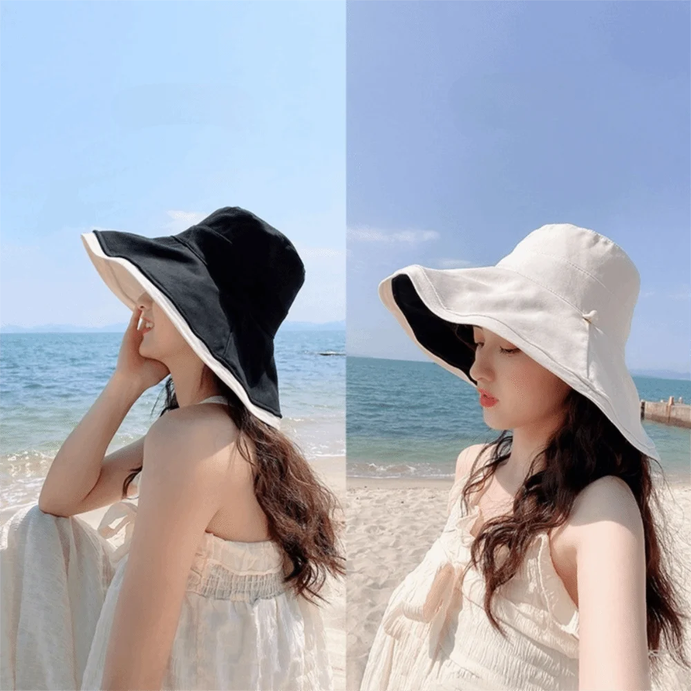 

Broad-edged Double-sided Wear Fisherman's Hat Soft Foldable Women Sun Hat Versatile Removable Windproof Rope Bucket Hat Summer