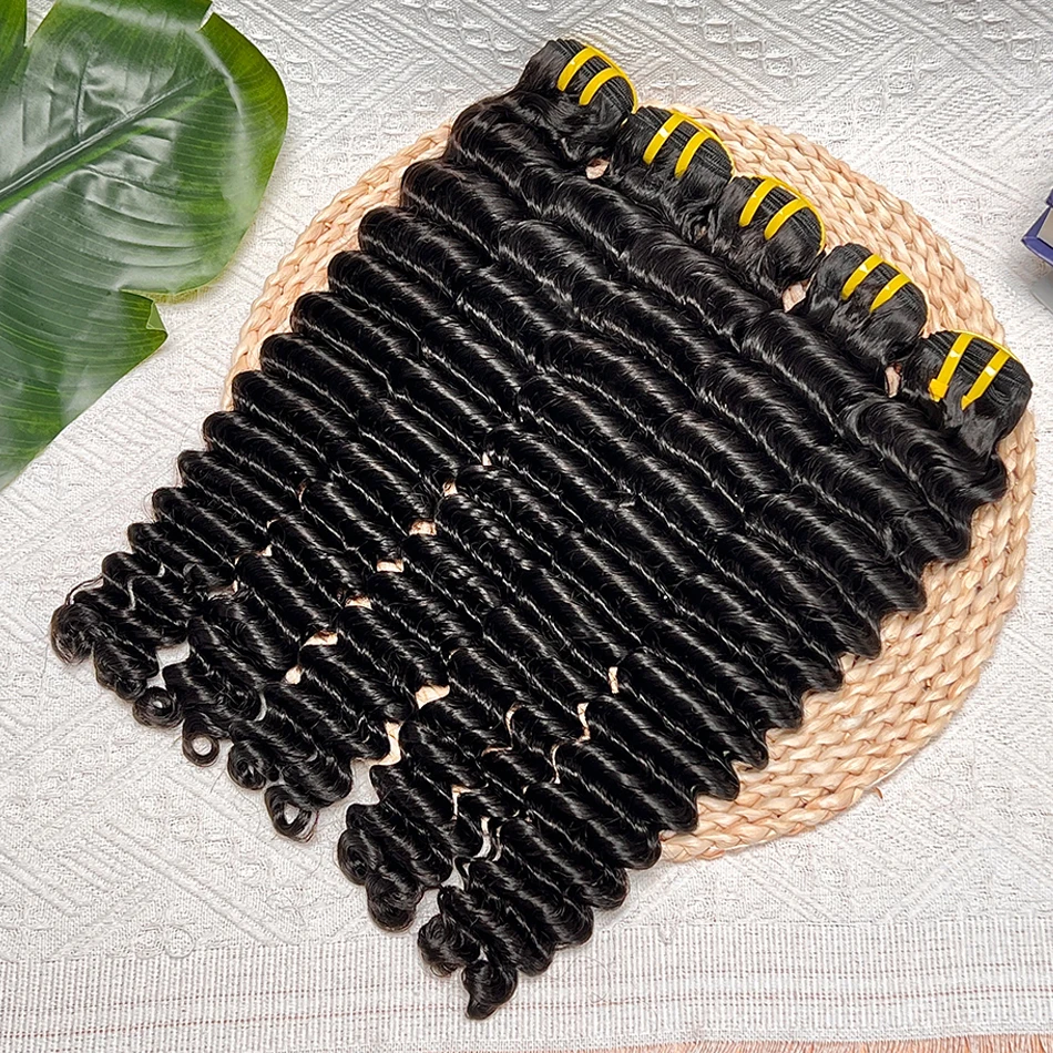 Глубокие волны, пучки человеческих волос, двойные утки, наращивание волос, натуральный черный цвет, 100% необработанные девственные волосы, оптовая продажа, предложения на пучок