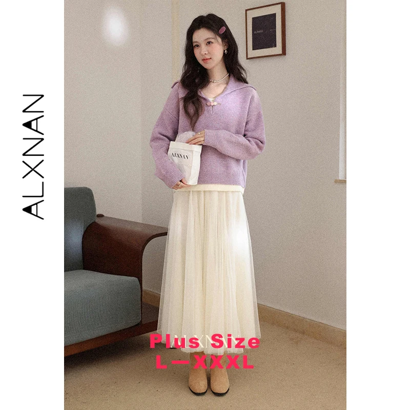 

ALXNAN Plus Size Purple Sweater Women 2026 Fashion Loose-fit Warm Casual Fake Two-piece Fashion Wool Knitted Pullover D60131