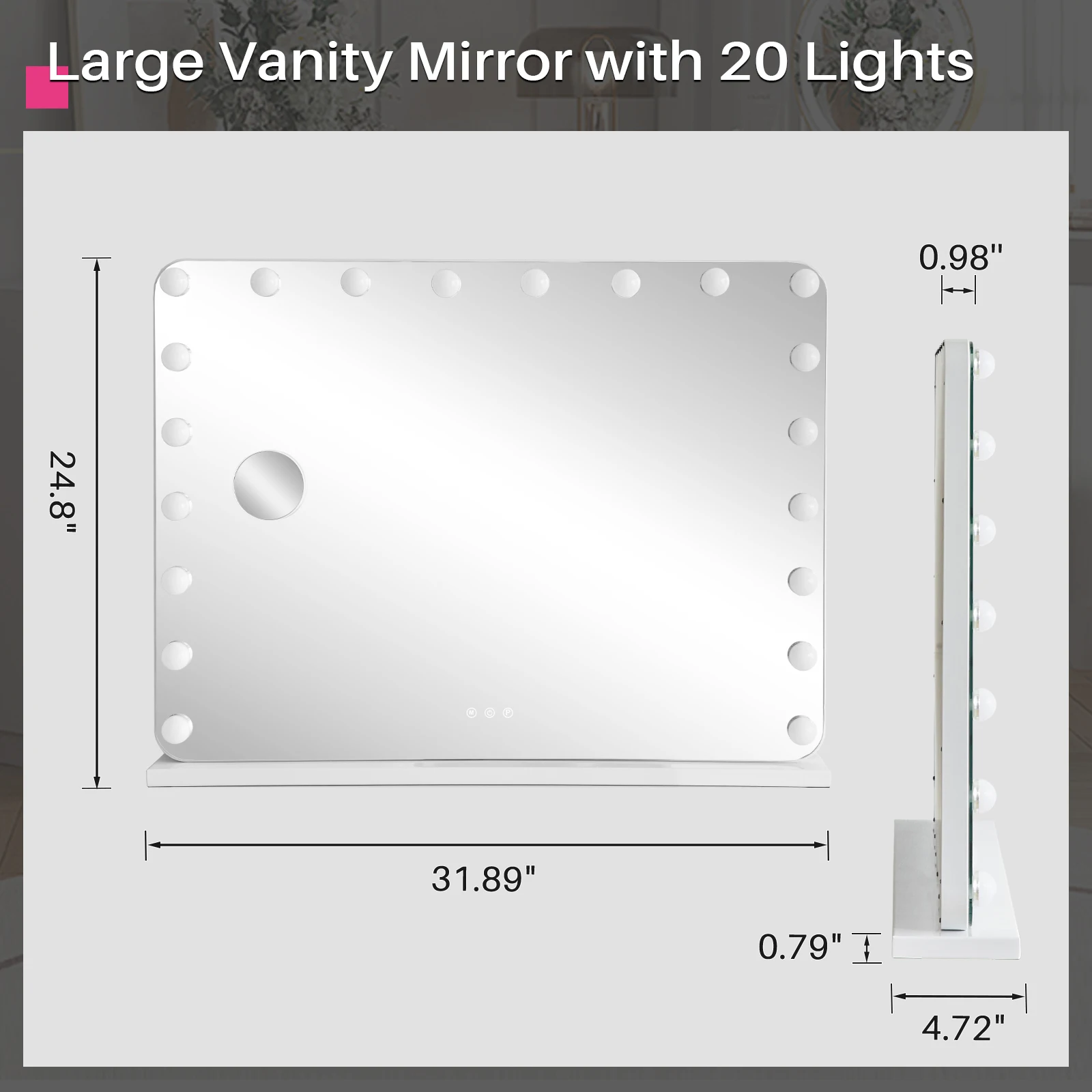 Redlife Hollywood Vanity Mirror with Lights, 20 LED Bulbs Make up Mirror w/ 10X Magnification and USB Charge Port, 360° Rotation