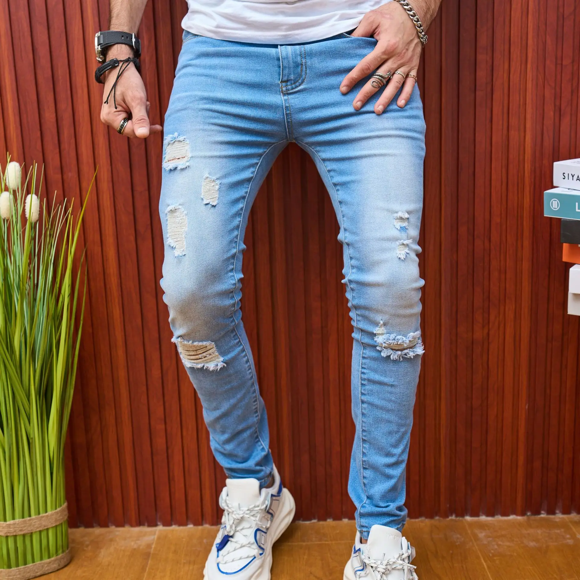 Men's Jeans Trousers High Stretch Ripped Slim Fit Men's Jeans