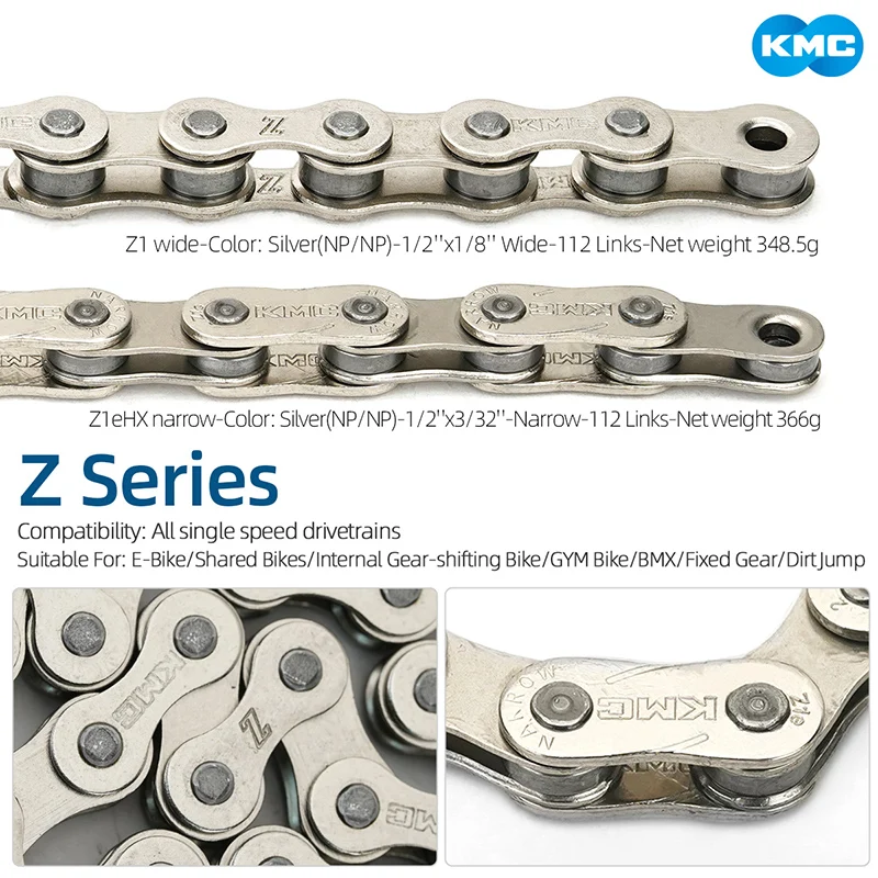KMC bicycle chain single speed K1/K1SL/Z1eHX/S1/HL1 Series 1/2"x1/8" 3/32"112links for BMX/Dirt Jump/Fixed Gear/Track/Bike Trial view 3