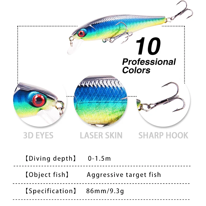 1PCS Minnow Fishing Lure Artificial Hard Bait Bionic 3D Eyes 8.8cm 9.2g Floating Wobbler Crankbait Bass Trolling Fishing Tackle