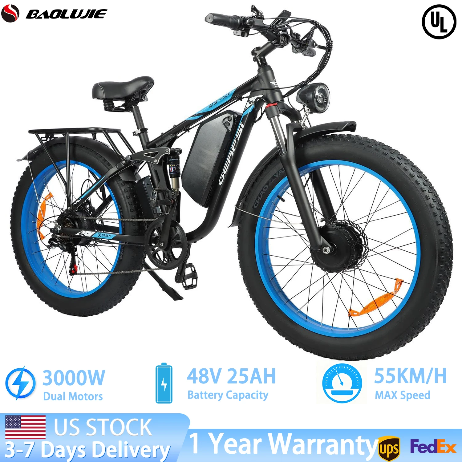 

BAOLUJIE 2603 Electric Bike Ebike 26" Fat Tire Bicycle Mountain Electric Bicycle 3000W E-bike Removable Battery【1 Year Warranty】