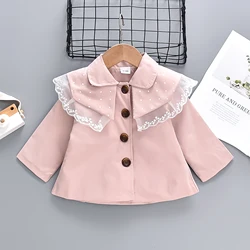 Baby Girl's Coat for Spring and Autumn Girls' Solid Color Polka Dot Lace Long Sleeved Windbreaker Coat Cute Girls' Jacket