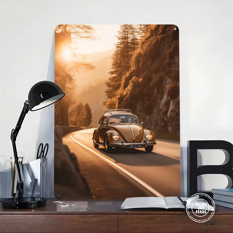 Vintage VW Beetle on Road Tin Plaque Poster Customized Wall Art Retro Vintage Metal Signs for Room Man Cave Office Decor Home