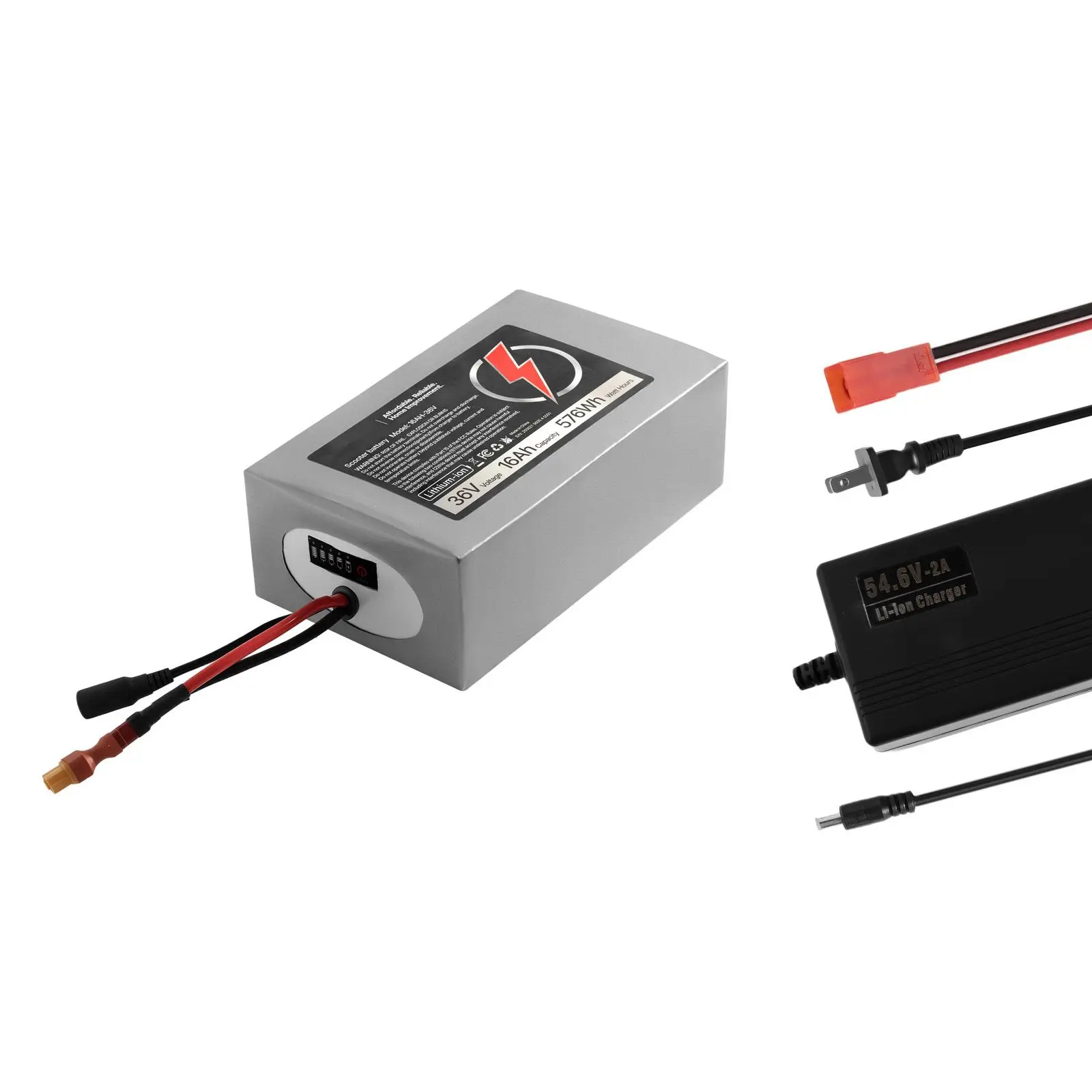 36V Electric Scooter Battery, 16Ah, Ebike Lithium Pack with 30A BMS, Charger, T-Plug Expansion Cable, 500+ Cycles, Compatible