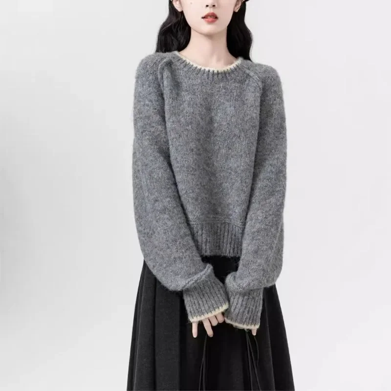 

EBAIHUI Short Contrasting Color Knitted Sweater for Women Retro American Style Ladies Top Autumn Winter Round Neck Pullover