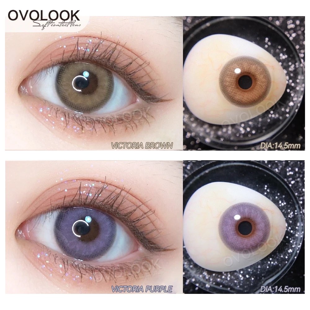 OVOLOOK-2pcs/pair 10 Tone Colored Contact Lenses for Eyes Comestic Colourful Pupil Beauty Eye Color Lens with Cute Cases Myopia