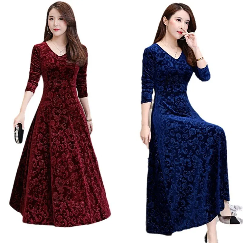 Gold Velvet Long Sve Dr Maxi Skirt Large Swing Women's plus Size Faion Spring Autumn New Sle Slimming Mommy Dr