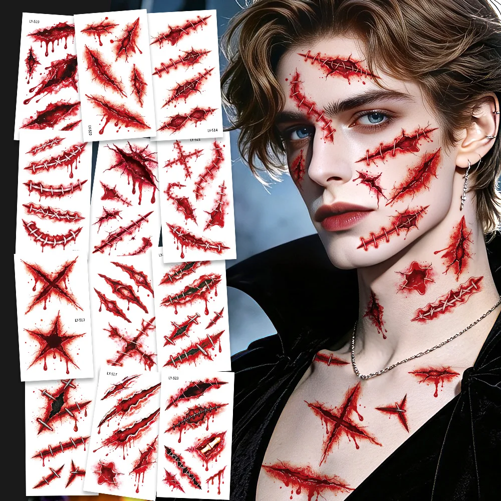 12 Sheets Halloween Realistic Bloody Scars Fake Wound 3D Temporary Tattoos for Adults, Halloween Party Favor Supply Decor, Gifts