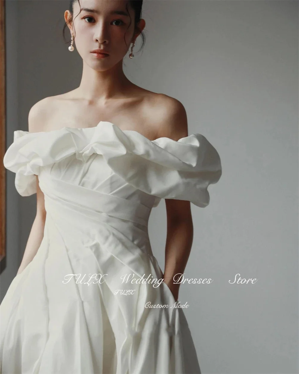 TULX Korea Off Shoulder A Line Wedding Dress Photography Short Sleeve Taffeta Floor Length A Line Bridal Gown Custom Made