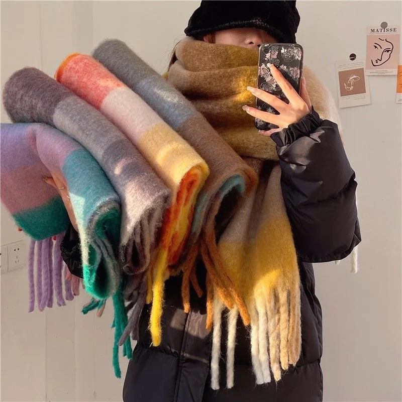 New Plaid Tassel Mohair Women Scarf Winter Rainbow Color Warm Thickened Long Scarves Soft Coarse Braid Shawl Viscose Wrap Shawls