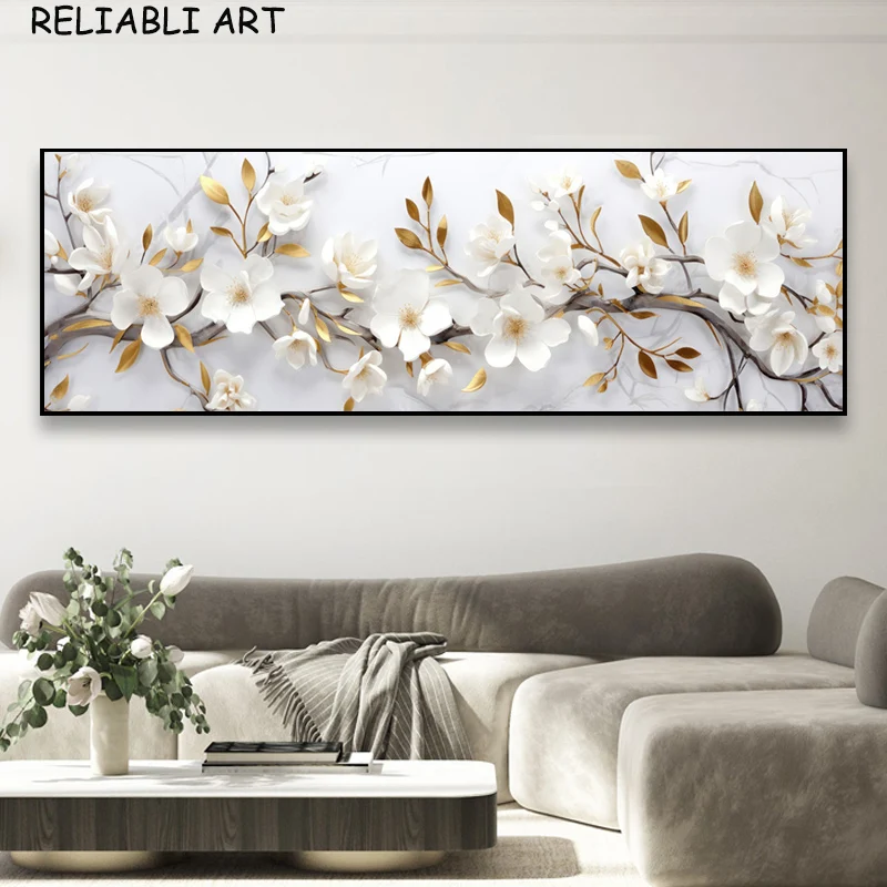 Abstract 3D Golden White Flower Tree Canvas Painting Wall Art Pictures Poster and Print for Living Room Home Decor No Frame