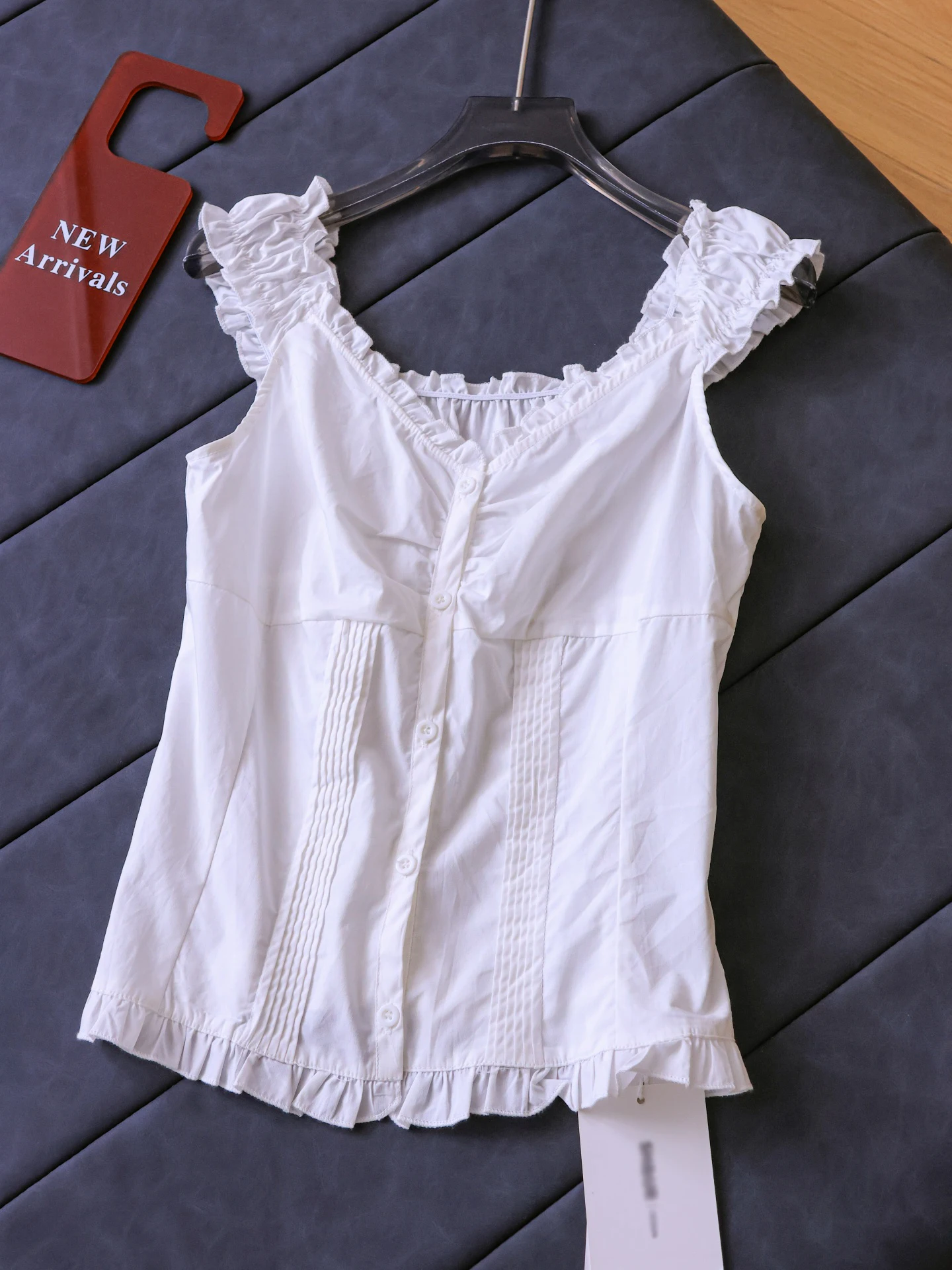 

Sweet Style Slim Fit V Neck Short Sleeve Women's Shirt Pure Color Accordion Pleat Bell 2026 Summer New Arrival E719