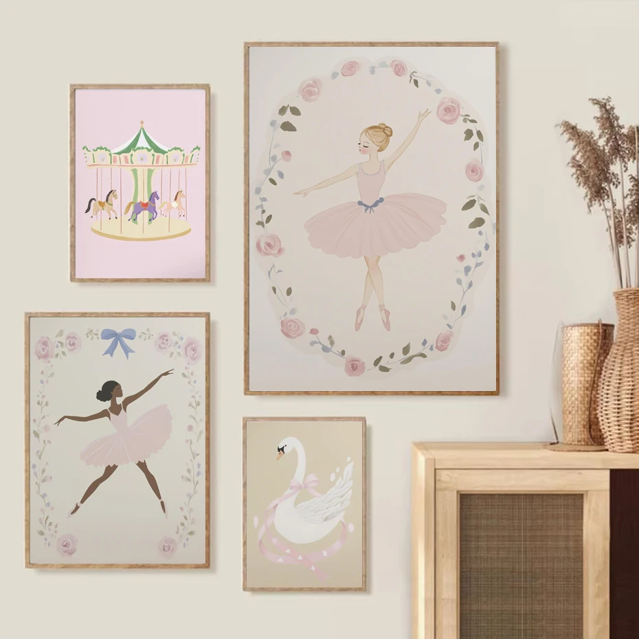 Rosa Ballett-Mädchen Wandkunst Ballett-Schwan-Karussell Blumen Kinderzimmer-Dekoration Elegante Ballett-Rosa Schlafzimmer-Deko Mädchen-Schlafsaal-Dekoration