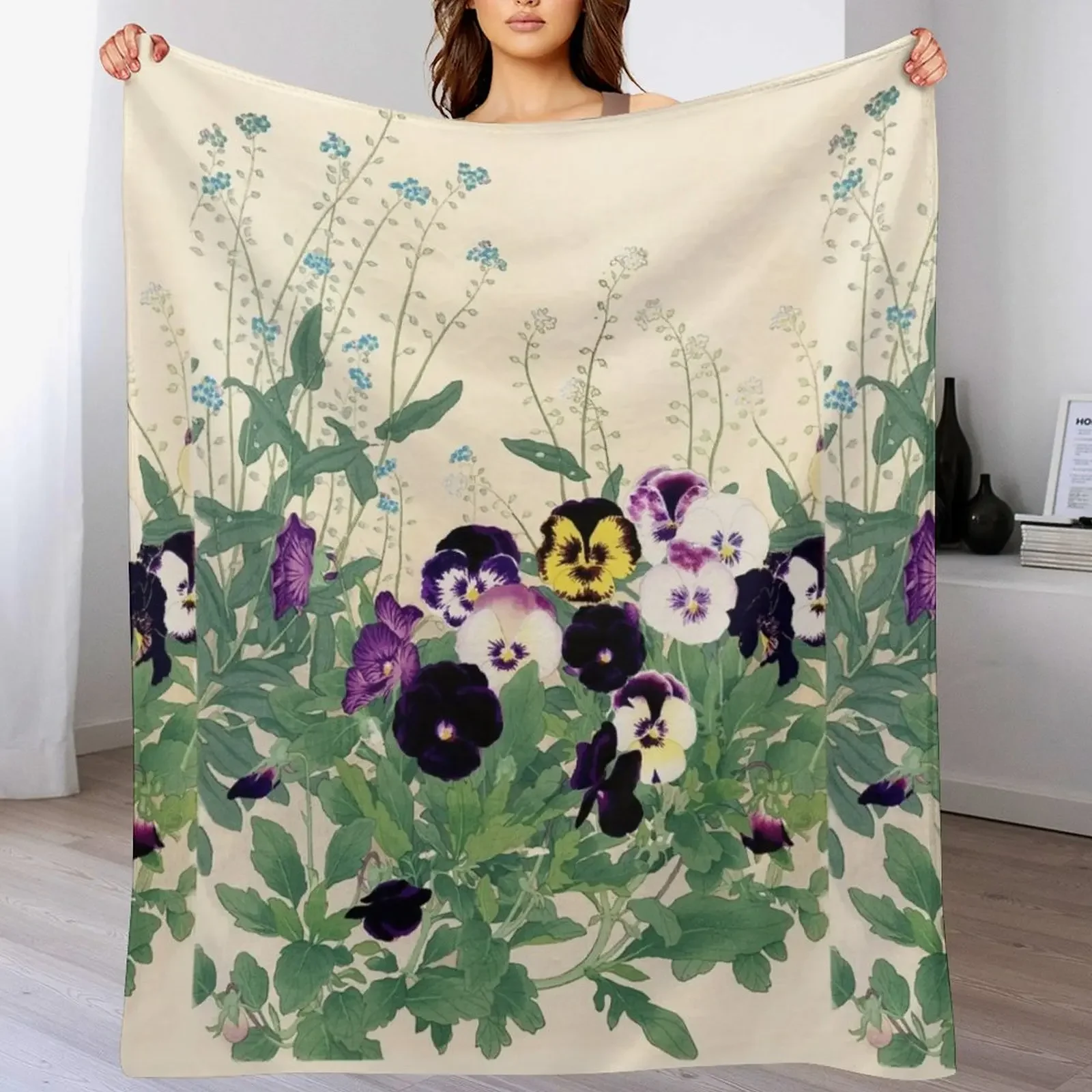 

PANSIES AND GREEN LEAVES Antique Japanese Floral Throw Blanket Single Soft Big Custom for sofa Blankets