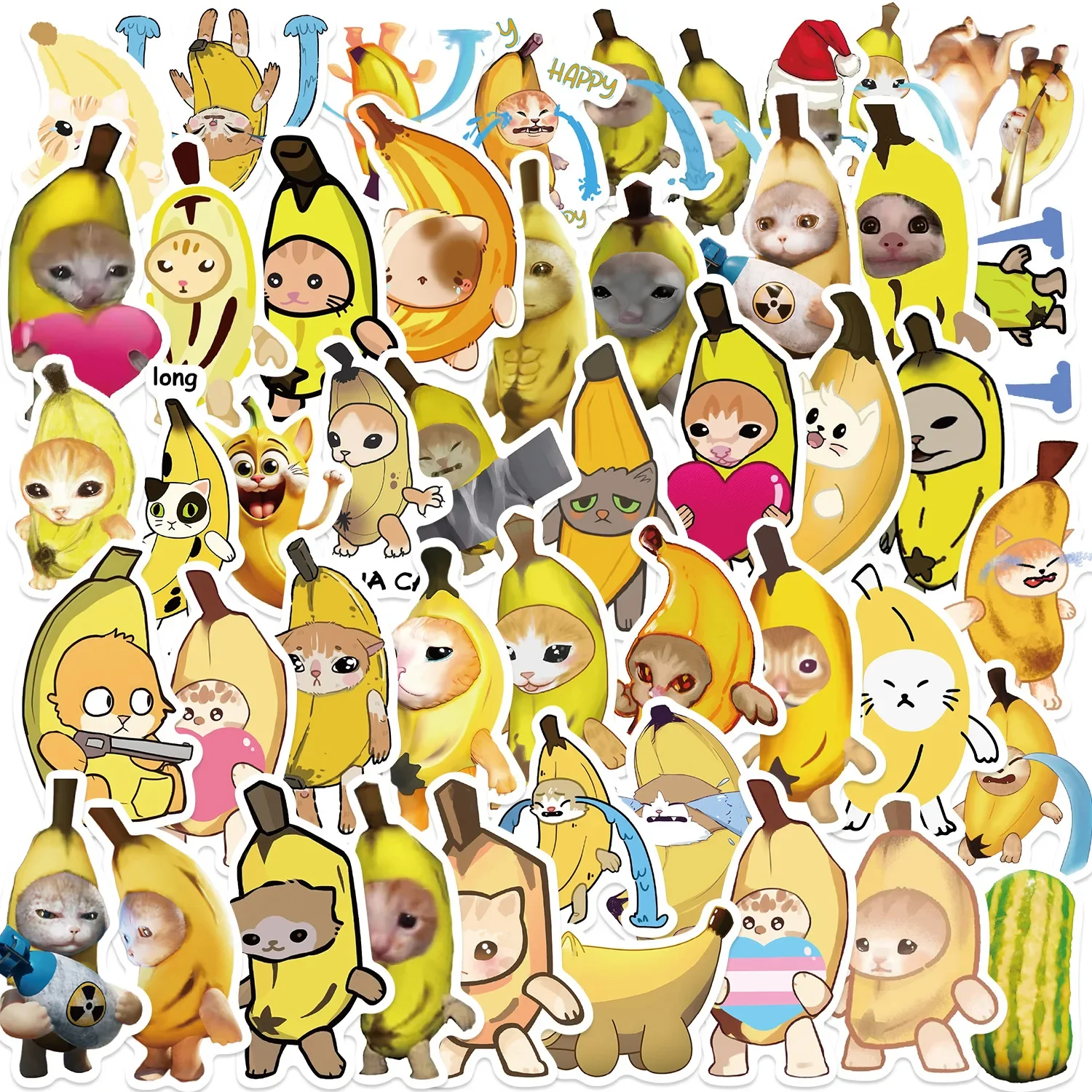 50Pcs Cute Cartoon Crying Banana Cat Stickers Funny Meme Graffiti Decals for Laptop Suitcase Waterproof Sticker Kids Toys