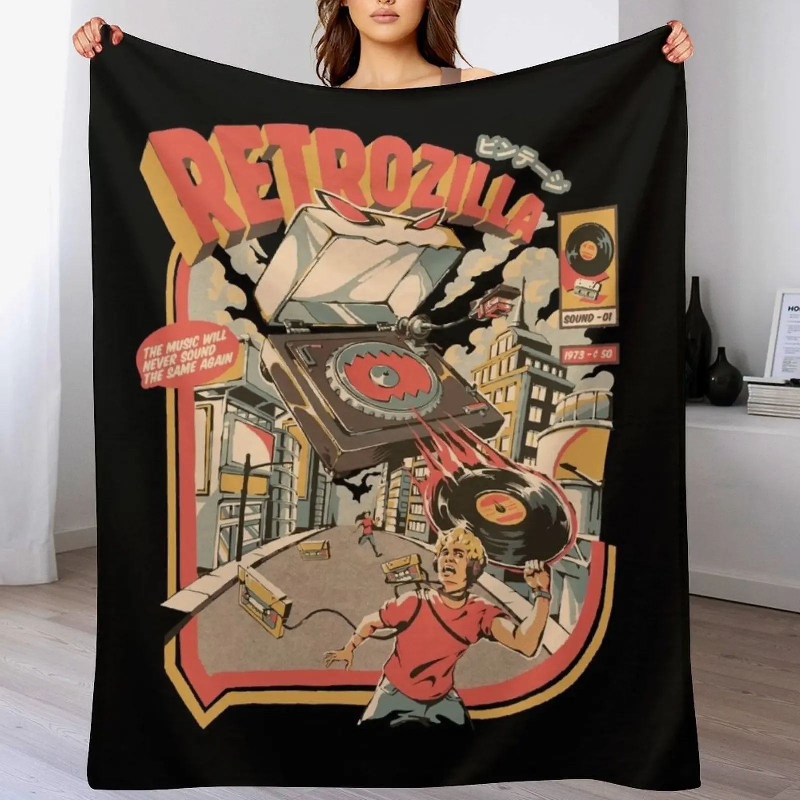 

Retro Soundzilla - Black Throw Blanket Bed covers Camping Soft Beds Blankets