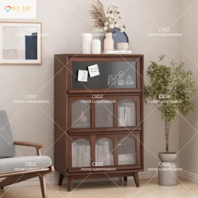 Retro Glass Dining Side Cabinet Living Room Decorative Wall Unit Solid Wood Tea Wine Storage Nordic Style Medieval Furniture