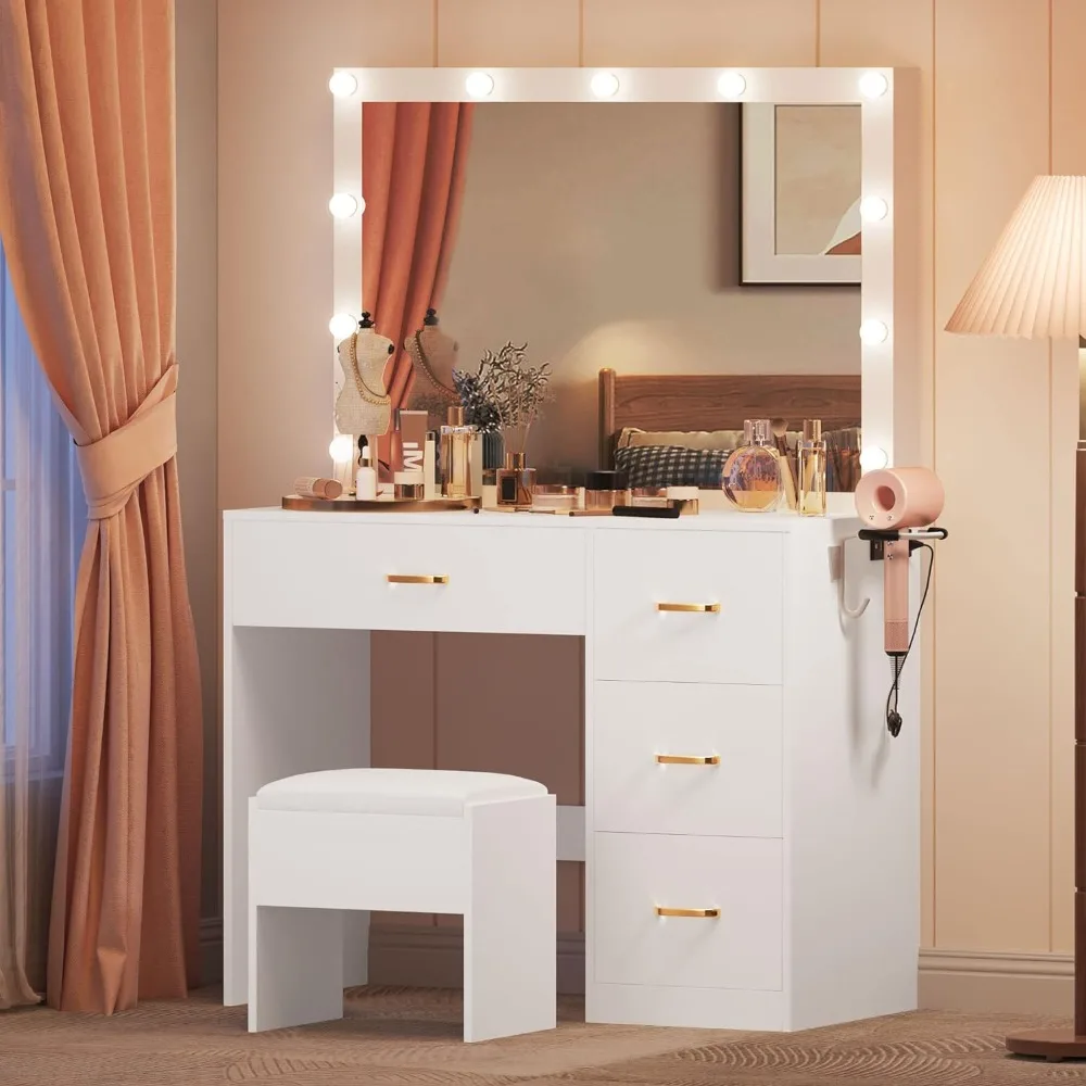 Makeup Vanity Desk with Large Lighted Mirror with Power Outlet and LED Strip, Color Lighting Modes with Adjustable Brightness,