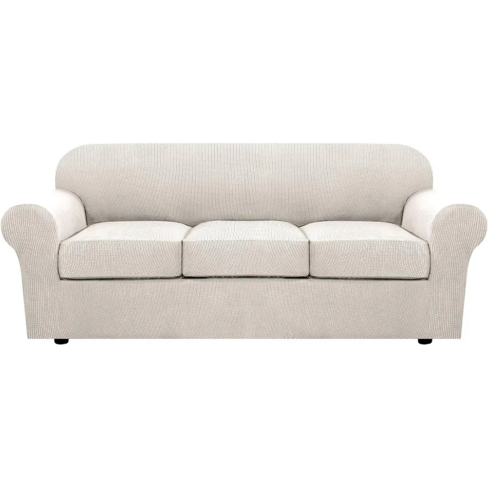 

4 Piece Stretch Couch Covers for 3 Cushion Couch Sofa Furniture Slipcovers Feature Upgraded Thicker Jacquard Fabric(Sofa,Ivory)