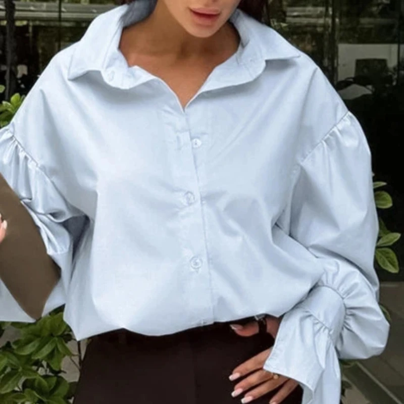 Women French Cotton Lapel Blouse Loose Flared Long Sleeve Blue Elegant Office Inner Top