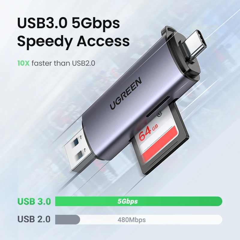 UGREEN Pembaca Kartu USB 3.0 & Tipe C Ke SD Micro SD Pembaca Kartu TF untuk PC Laptop Aksesori Memori Pintar Pembaca Kartu SD