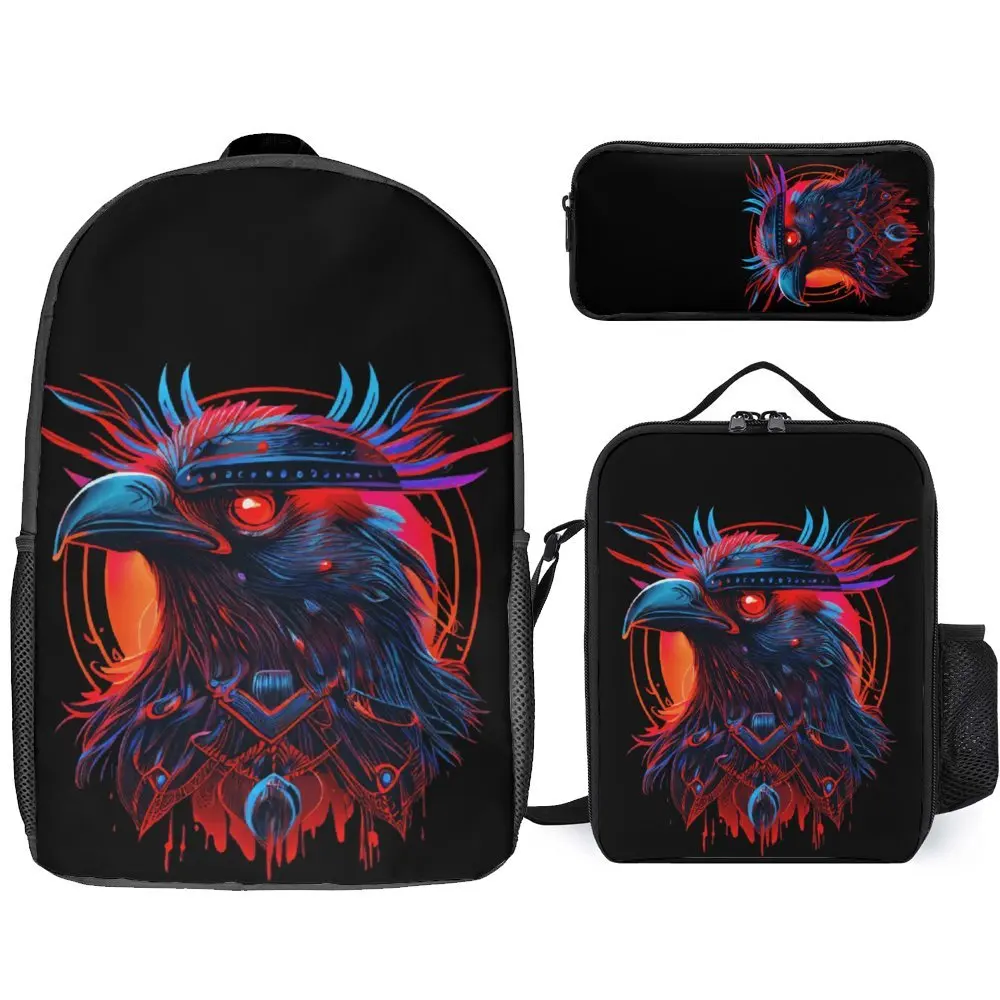 Synthwave Raven Skull Demon Slayer 10 3 in 1 Set 17 Inch Backpack Lunch Bag Pen Bag Travel Funny Secure Field Pack Cozy