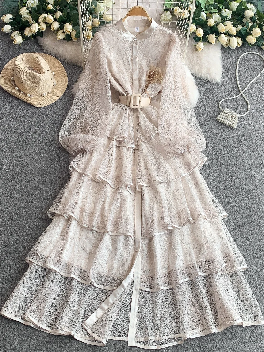 Vestido F E de Renda Floral com Manga Longa e Gola Alta, Estilo Camadas, Cintura Alta, Estilo Coreano, para o D...