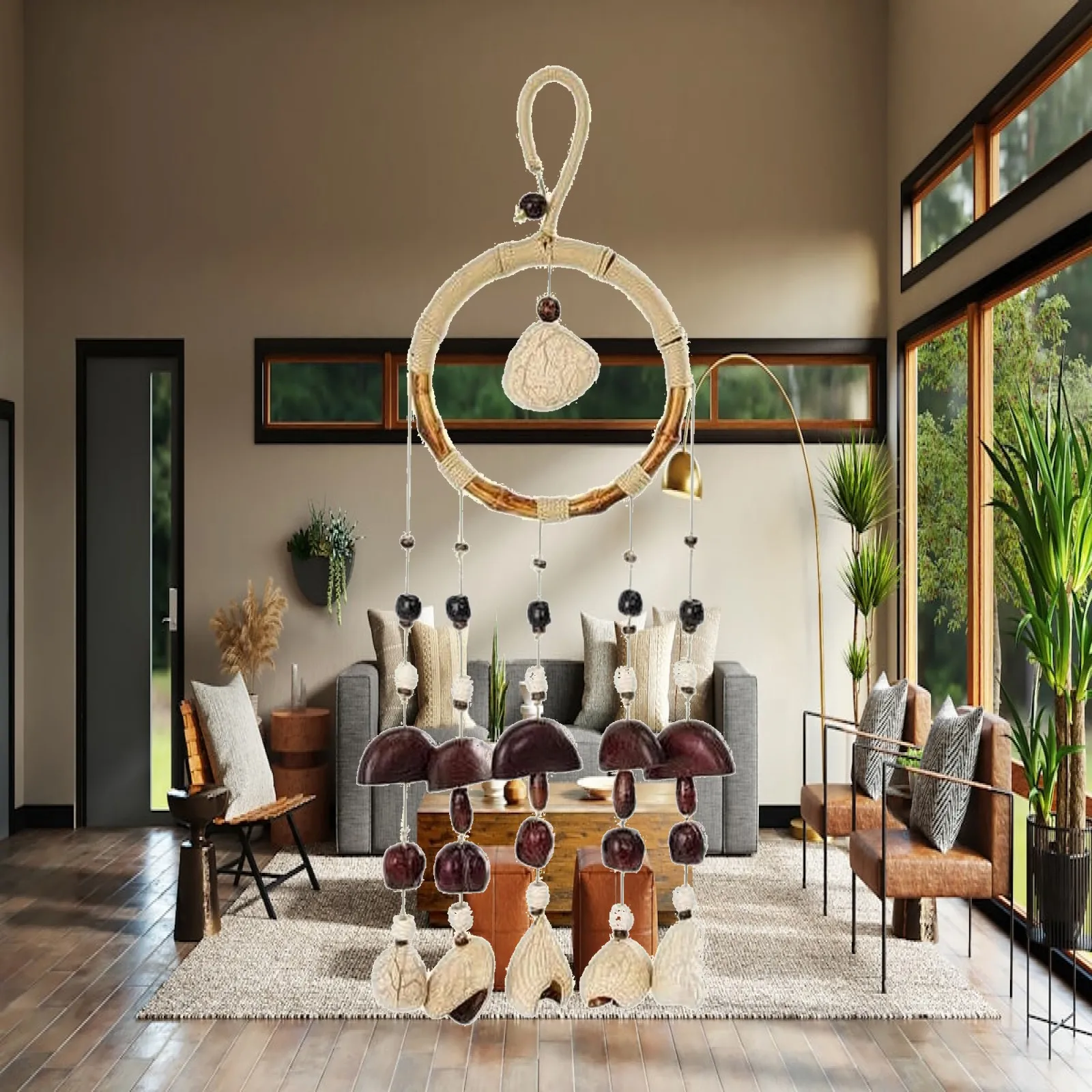 Hanging Bamboo Wind Chime with Shell and Wood Beads for Bohemian Wall Decor Display
