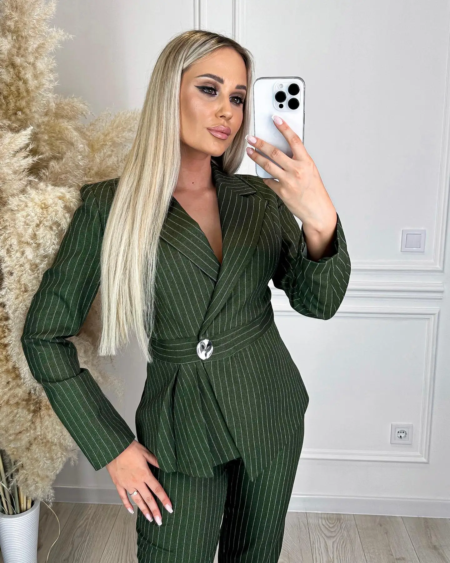 Chic Women Pants Suits Dark Green Striped Long Sleeve Office Female Streetwear Sportswear Two Pieces Sets