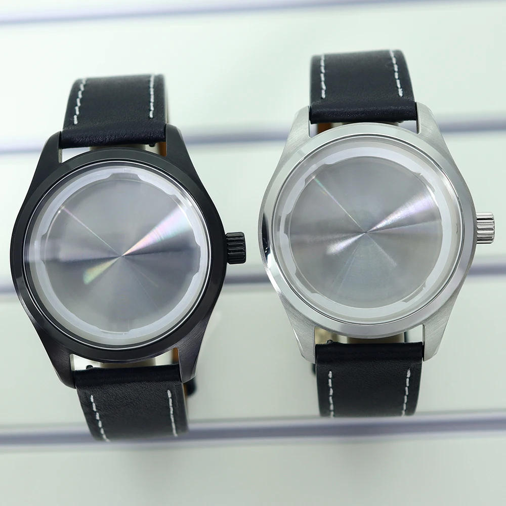 

40mm Silvery/Black Watch Cases Stainless Steel Parts Leather Strap For NH35 NH36 NH38 Eta2824 movement watch casing Waterproof