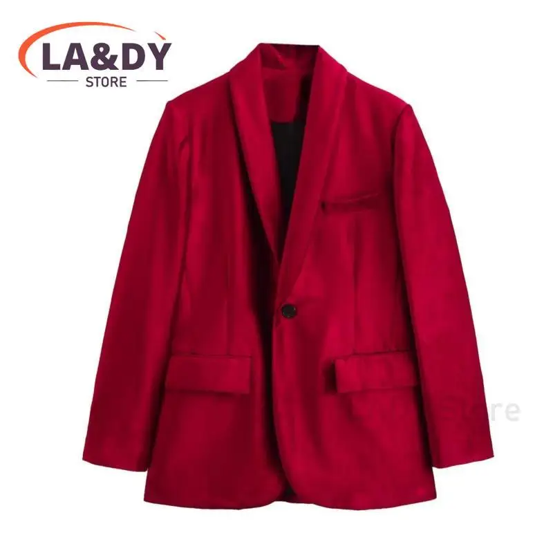 Women\'s Velvet Blazer 2024 New Spring Autumn Female Fashion Red Long Sleeve Pocket Suit Jacket Outwear