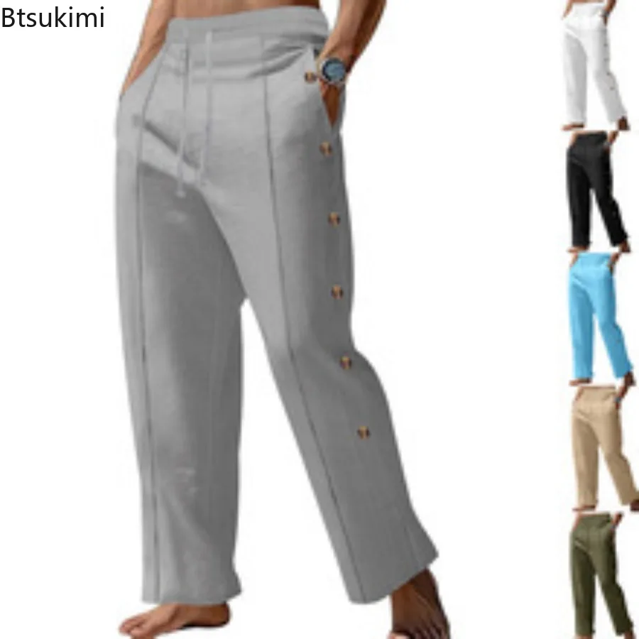 

Новинка 2025, мужские весенне-осенние льняные длинные брюки, дышащие удобные свободные прямые повседневные брюки с вертикальными пуговицами на шнурке