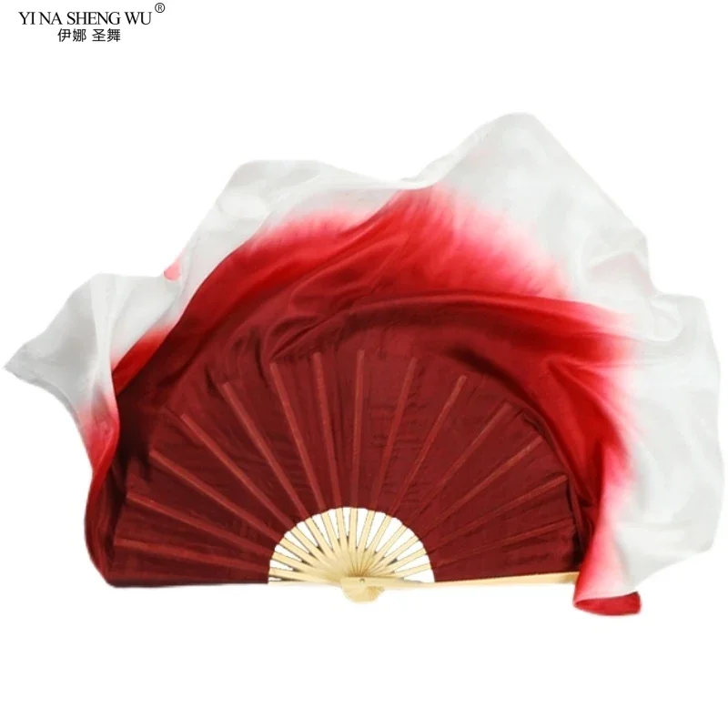 

Настоящий шелковый танцевальный веер, винно-красный, белый, градиентный, двухсторонний, удлиненный, классический, квадратный, для взрослых, для женщин, сценический реквизит